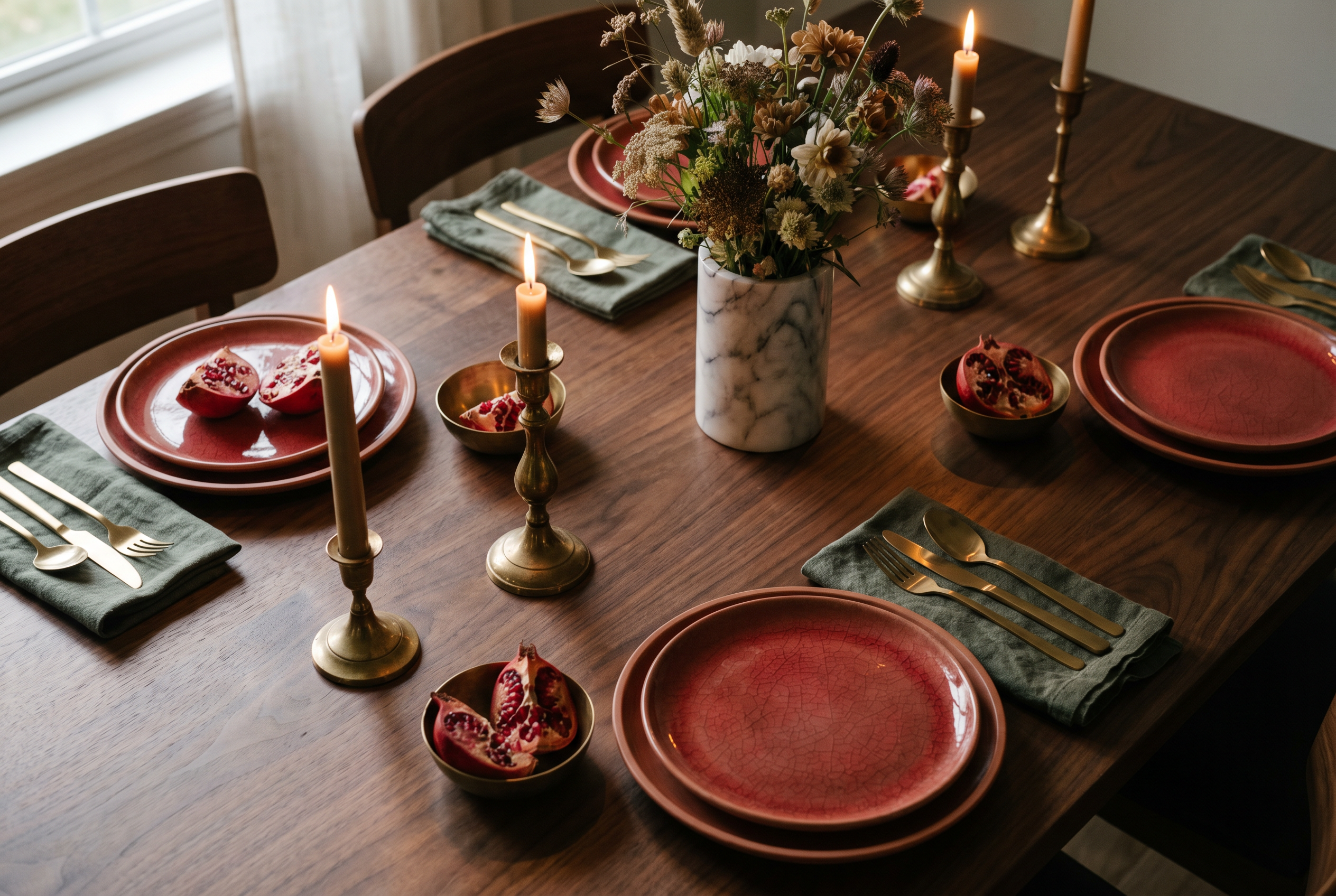 B.A Atelier Shop The Look görseli, terracotta tabaklar ve mumlarla döşenmiş akşam yemeği sofrası, üst açı.