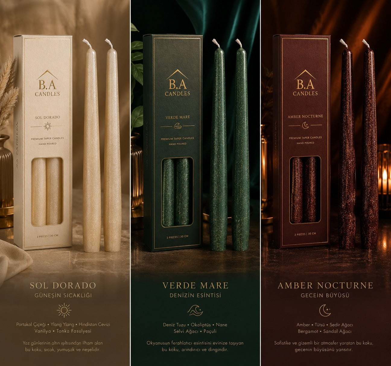 B.A CANDLES Premium El Yapımı Şamdan Mumları Koleksiyonu (2 Parça)