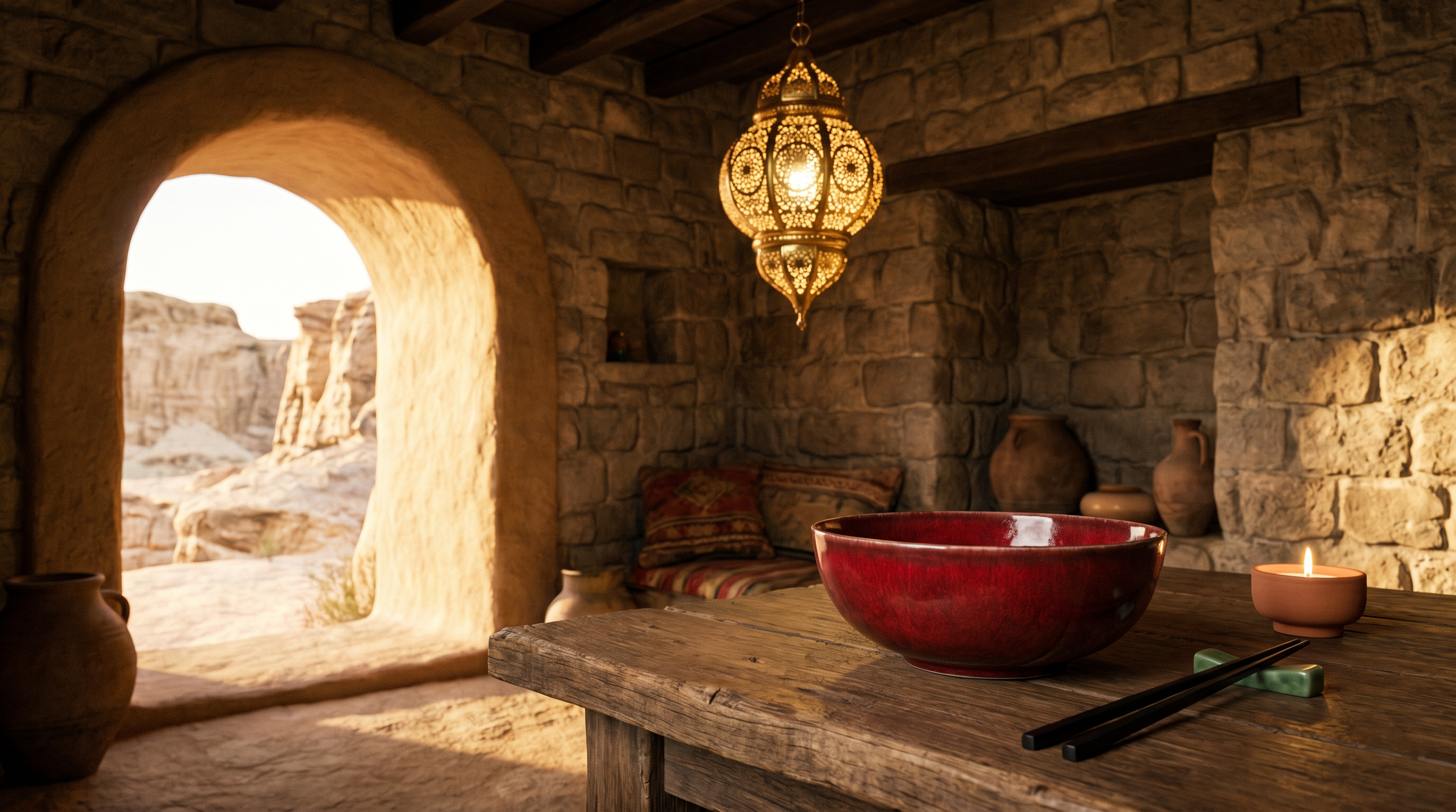 B.A Atelier anasayfa hero görseli, terracotta seramik tabak ile yaşlı ceviz masada Anadolu motifli keten örtü kompozisyonu.
