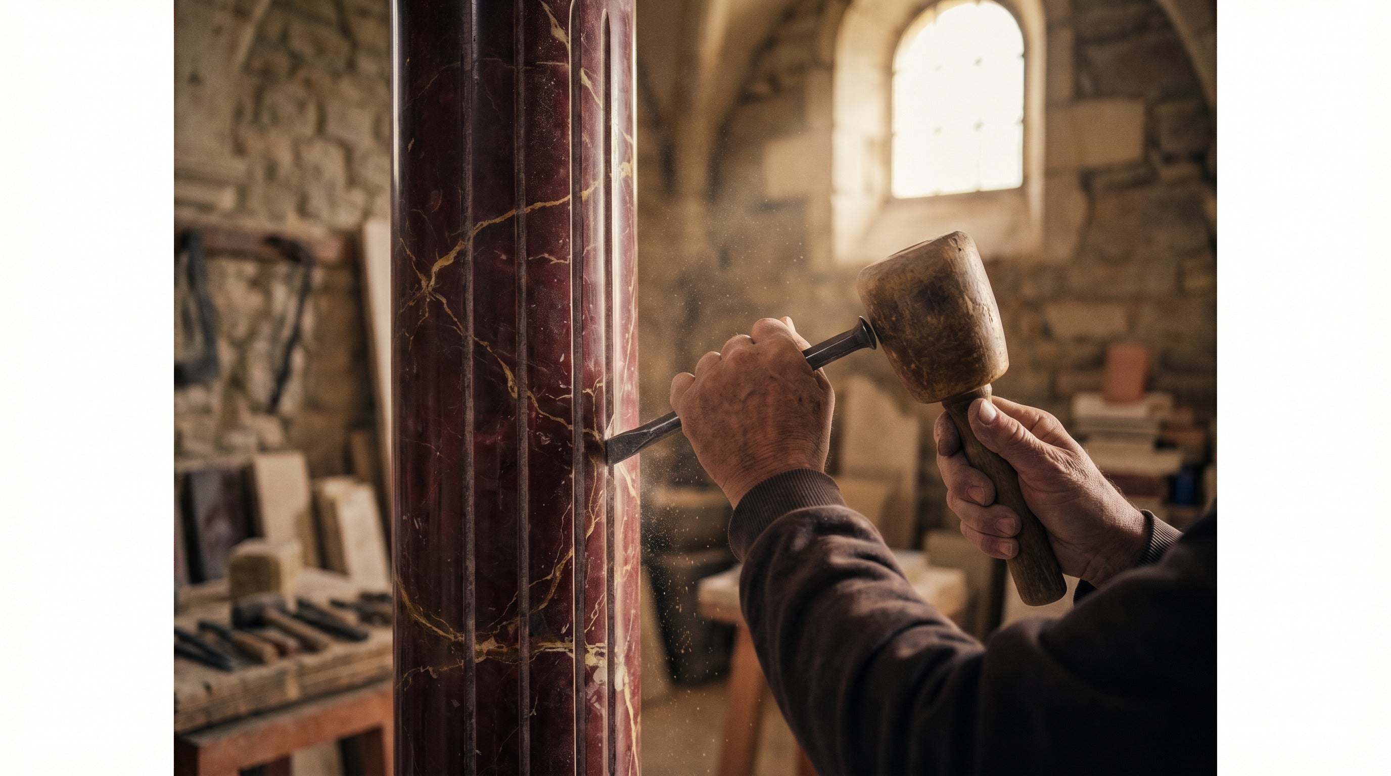 Monolith Serisi blog yazısı hero görseli, taş ustasının keski ve tokmakla crimson mermer kolona dikey flute işlediği an.