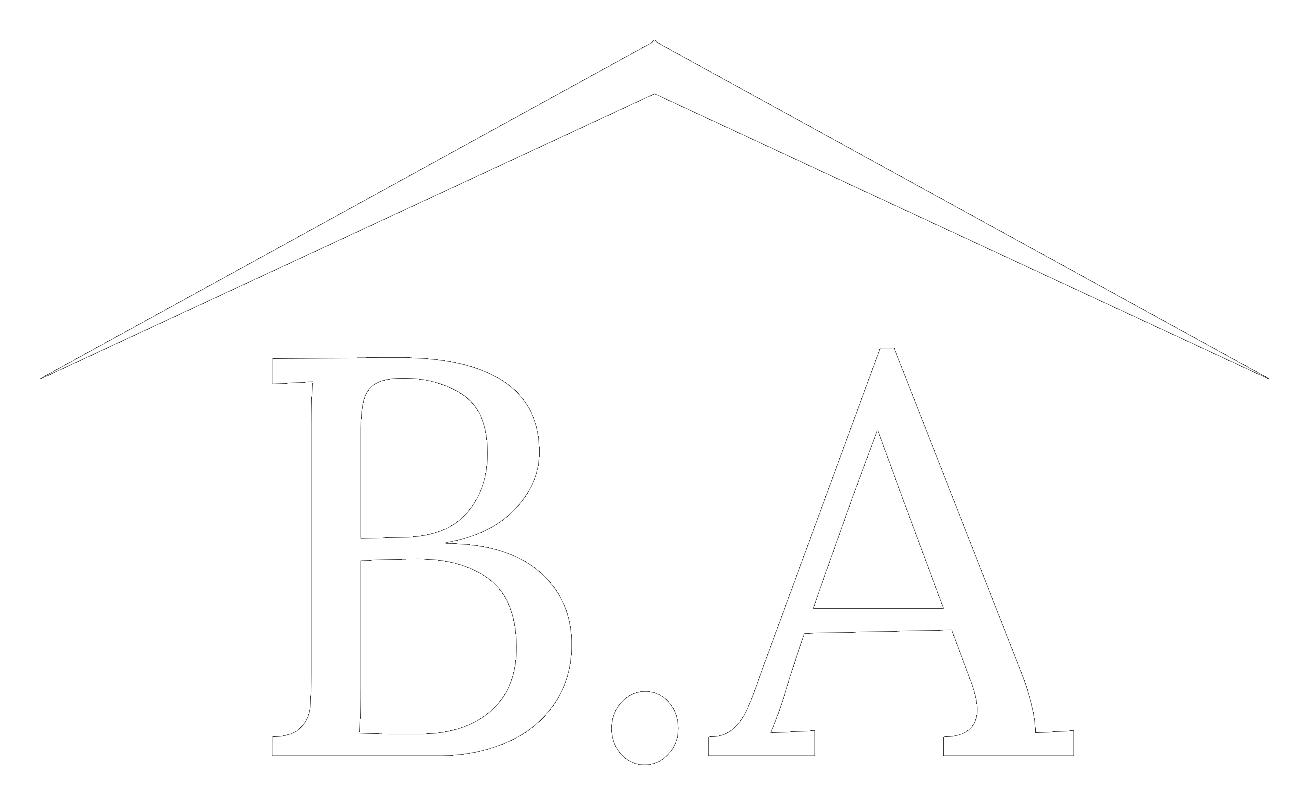 B.A Atelier markası logosu, beyaz tek renk versiyon, koyu zeminler için.